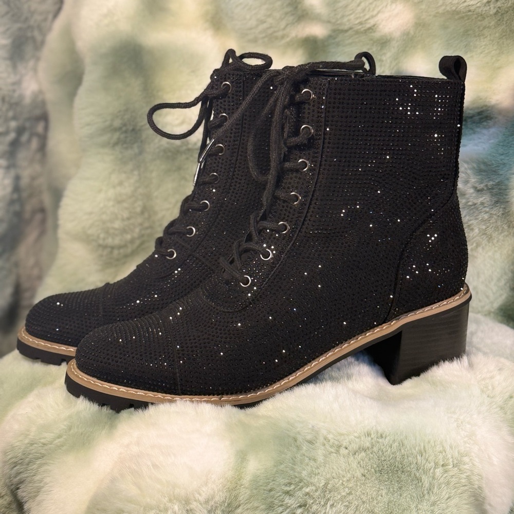 Black Glitter Lace-Up Ankle Boots